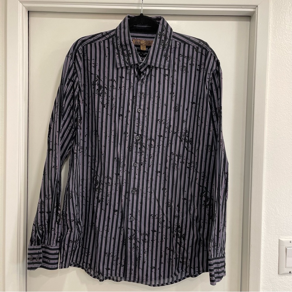 Blue black long sleeve men’s shirt w velvet splatter. XL